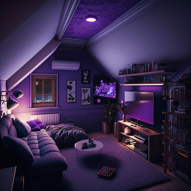 A living room with a purple rug and a tv on the wall