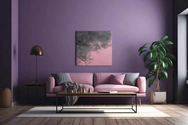 A living room with a purple wall and a pink sofa.