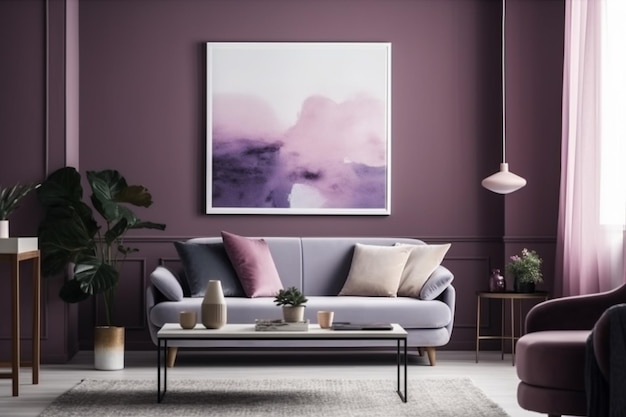 A living room with a purple wall and a purple sofa.