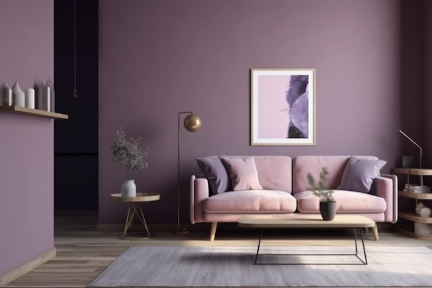 A living room with a purple wall and a sofa with a pink sofa.