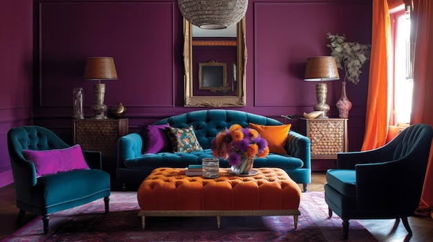 A living room with purple walls and a blue couch.