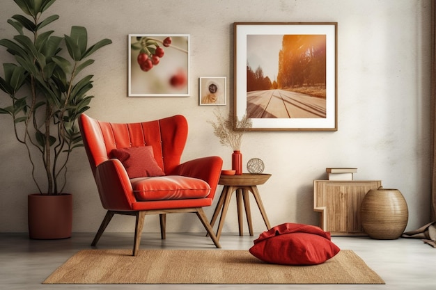 A living room with a red chair and a plant on the wall.