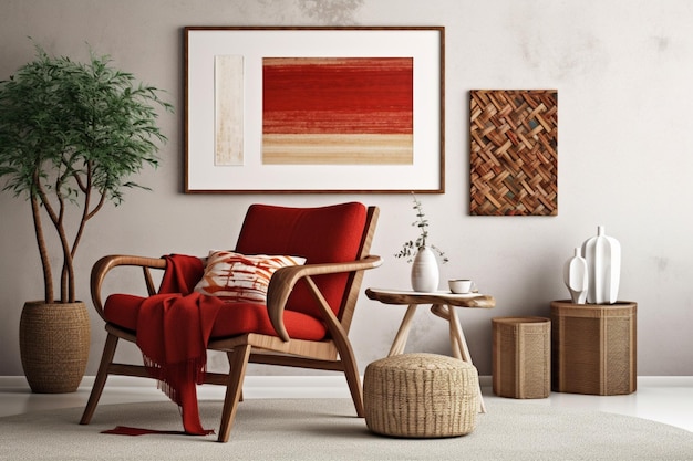 A living room with a red chair and a red chair.