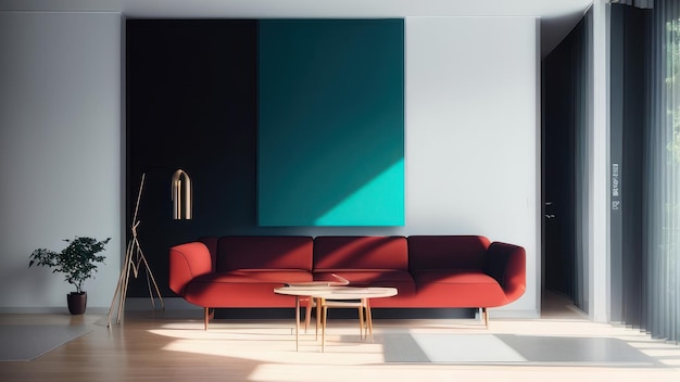 A living room with a red couch and a black wall that says'the word home'on it