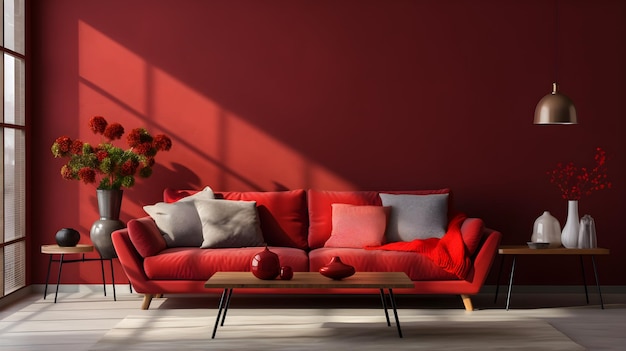 гостиная с красным диваном и кофейным столом минималистский интерьер мастер-спальня с глубоким красным