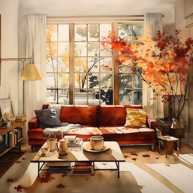 a living room with a red couch and a coffee table