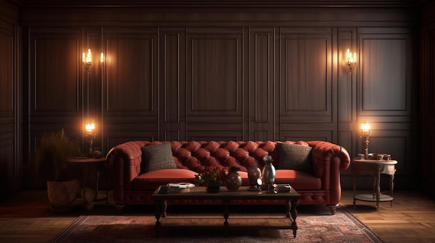 A living room with a red couch and a glass table.