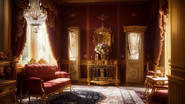 A living room with a red couch and a gold table with a vase of flowers on it.