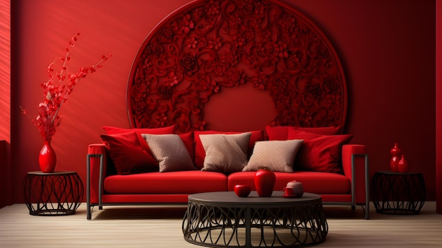 Foto un soggiorno con un divano rosso e un tavolo interno mediterraneo lounge con tema di colore rosso intenso