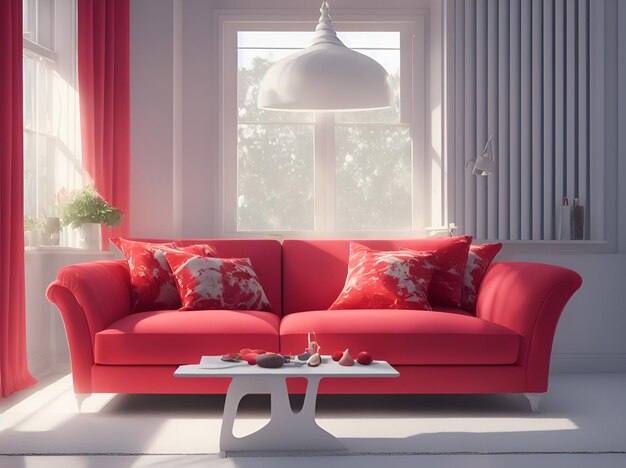 A living room with a red couch and a white table with a lamp on it.