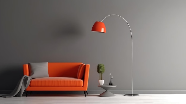 A living room with a red lamp and a glass table.