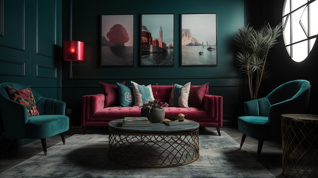 A living room with a red sofa and a blue sofa with a red cushion.