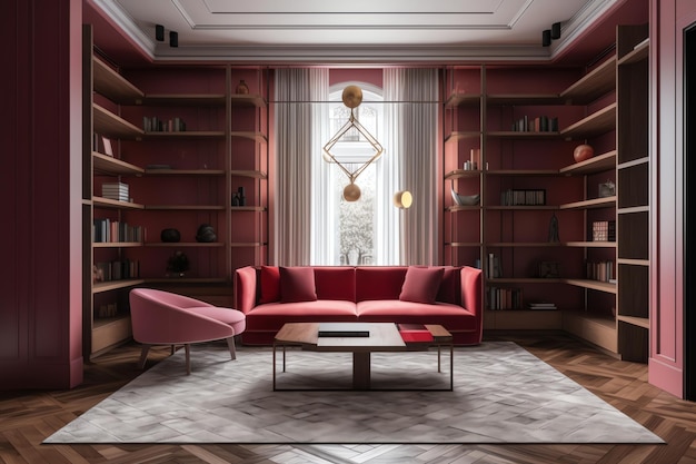 A living room with a red sofa and a red sofa.