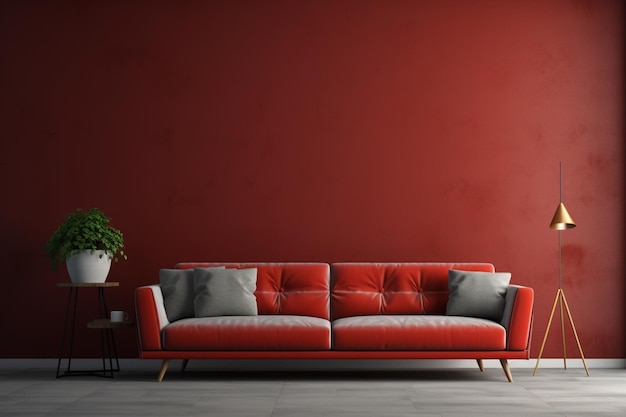 Living room with red sofa and red walls