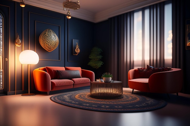 A living room with a red sofa and a round table with a lamp on it