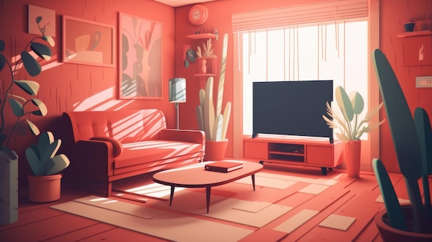 A living room with a red sofa and a tv.