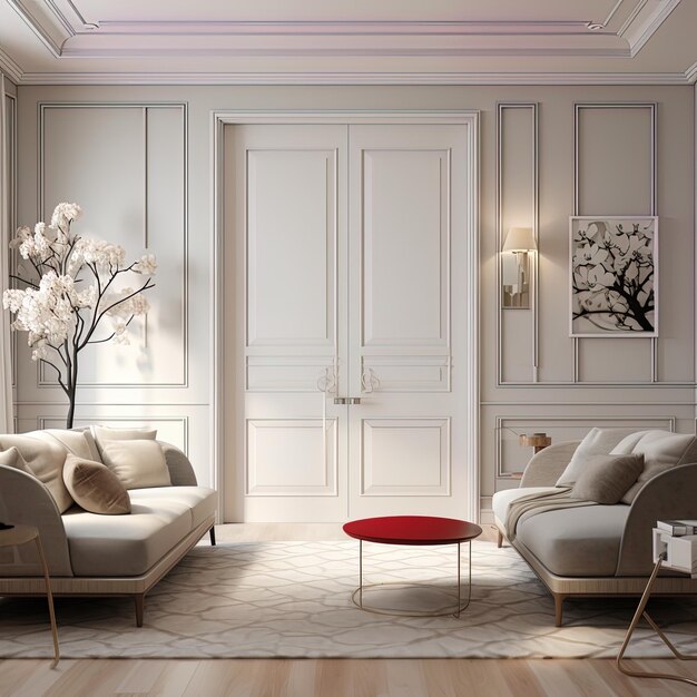 A living room with a red table and a red coffee table