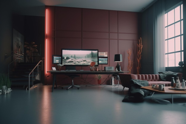 A living room with a red wall and a large monitor that says'game room '