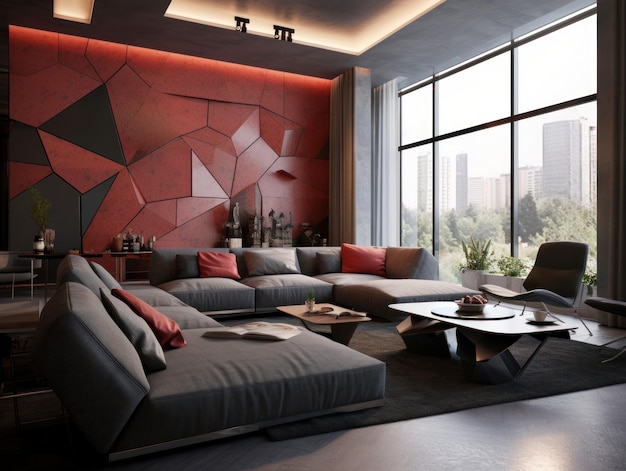 A living room with a red wall that has a large window that says'i love you '