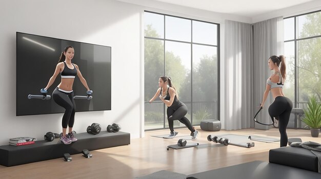 A living room with a responsive AIguided workout area