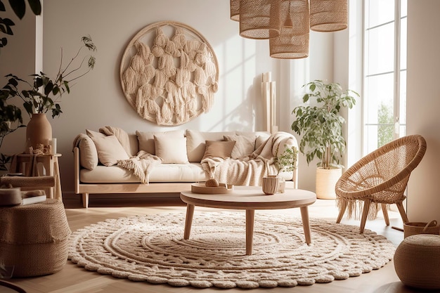 A living room with a round table and a chair in front of a wall with a plant on it.