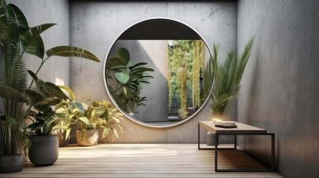 A living room with a round window and plants on the wall.