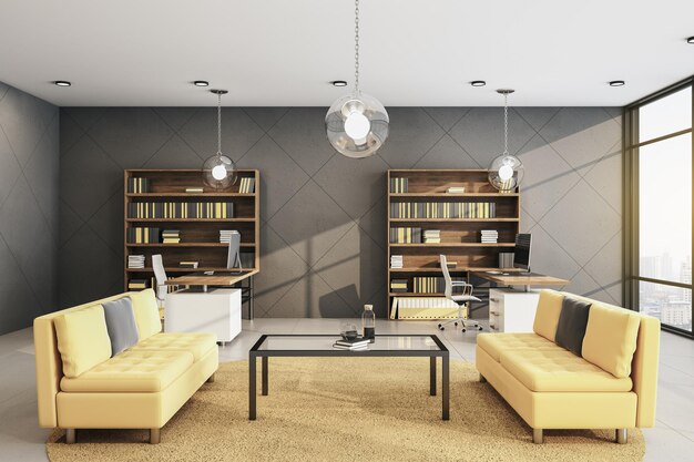 Living room with shelf with books and two yellow sofa