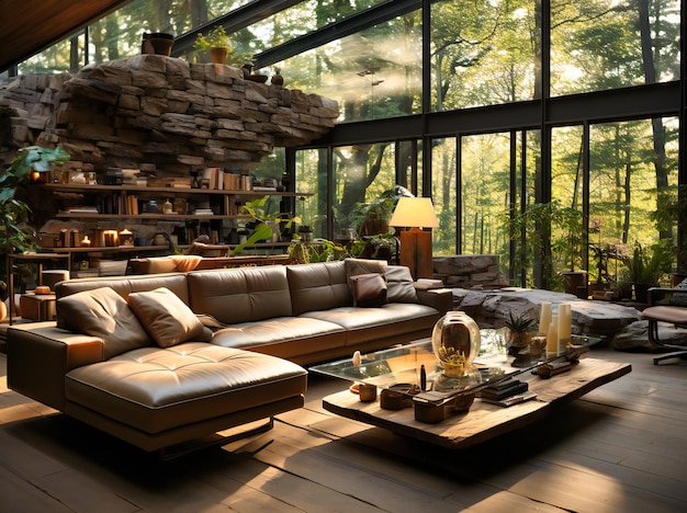 living room with skylights overlooks the forest