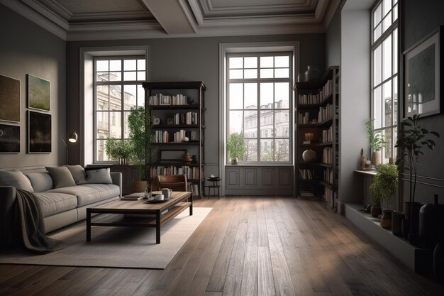 A living room with a sofa and a bookcase with a plant on the shelf.