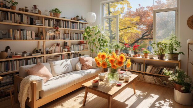 Foto un soggiorno con un divano e una libreria con vista su un albero.