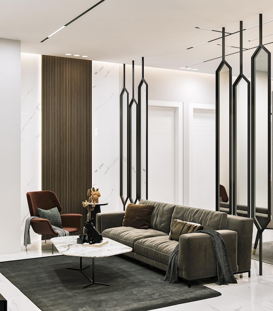 Living room with sofa and Centre table with black carpet mirror glass with black metal wall panel