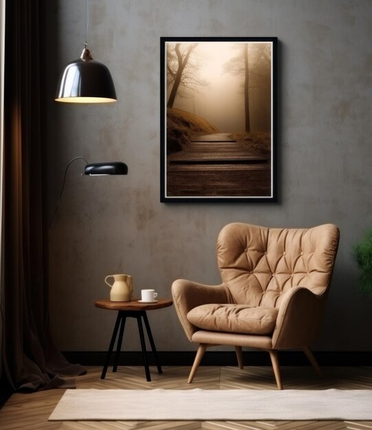 Фото Гостиная с диванным стулом, кофейным столом и лампой