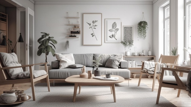 A living room with a sofa, a coffee table, and a plant on the wall.