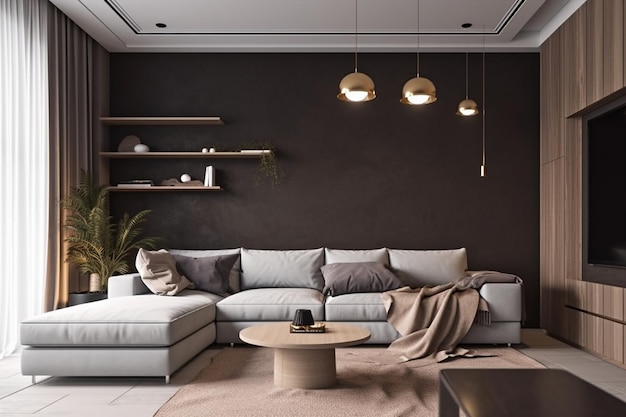 A living room with a sofa and a coffee table with a light brown rug.