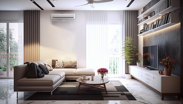 A living room with a sofa and a coffee table with a plant on the wall.