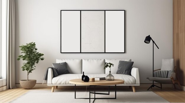 A living room with a sofa and a coffee table with three frames on it.