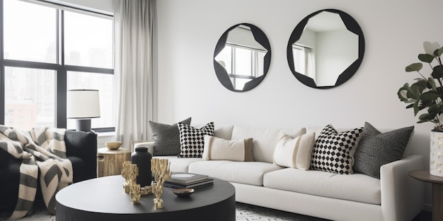 A living room with a sofa and a coffee table with two mirrors on the wall.