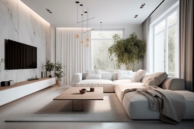 A living room with a sofa and a coffee table