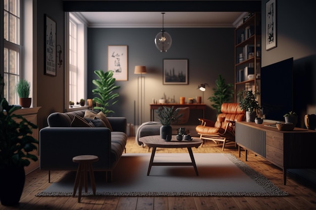 A living room with a sofa and a coffee table.