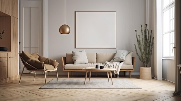 A living room with a sofa and a coffee table