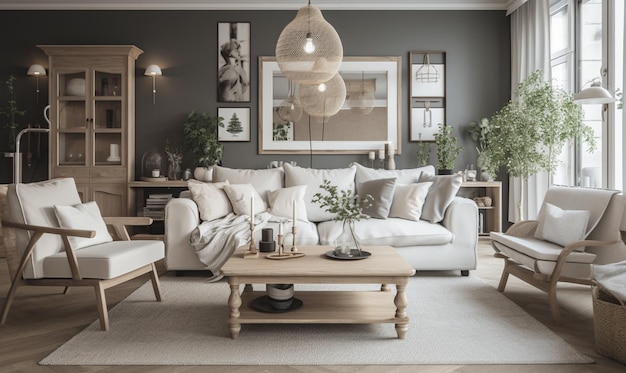 A living room with a sofa and a coffee table