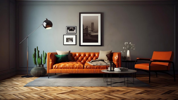 A living room with a sofa and a coffee table.