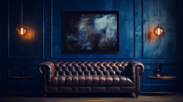 ダークブルーの壁のインテリア デザインにソファのあるリビング ルーム