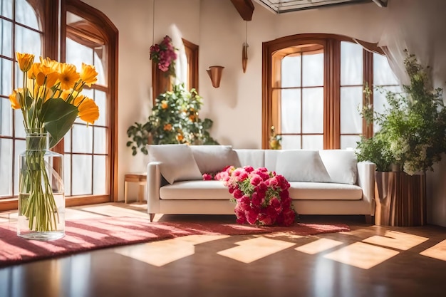 A living room with a sofa and flowers on the floor.