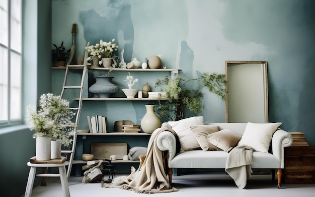 A living room with a sofa and a ladder that says'i love you '