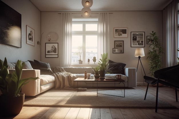 A living room with a sofa and a lamp in the middle of it.