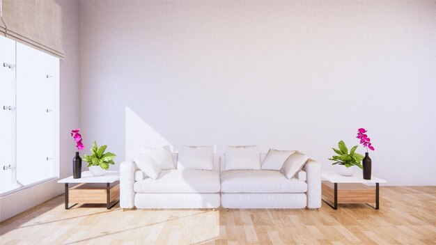 ミニマリストのスタイルのソファを備えたリビングルーム木製のフロアを備えた白い熱帯スタイルのリビング ルーム xA3Dレンダリング