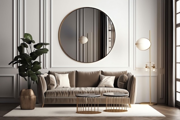 A living room with a sofa and a mirror on the wall