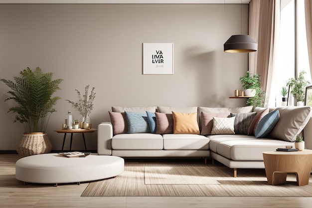 Living room with sofa mockup and decoration elements