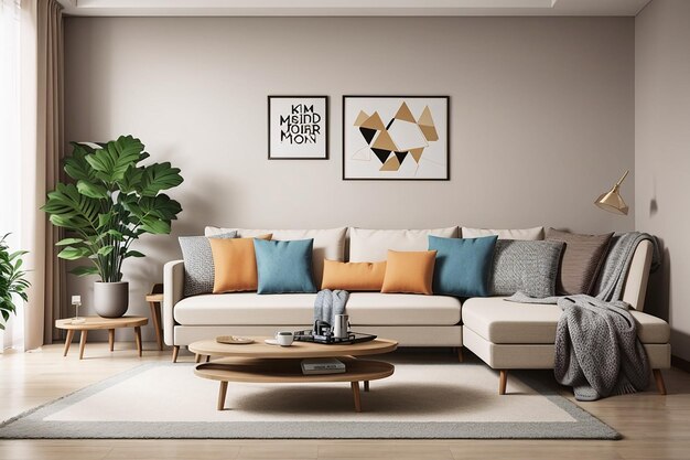 Living room with sofa mockup and decoration elements